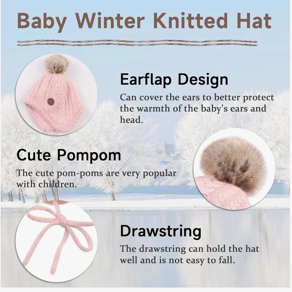NEW! Baby Beanie Hat Infant Earflap Cap with Pom Pom Polyester Lined Pink
